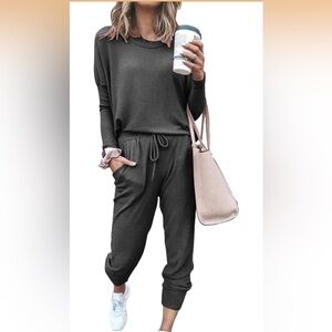 VNVE Ribbed 2‑Piece Jogger Set • Grey • Cozy + Chic • Off‑Shoulder Top size XL